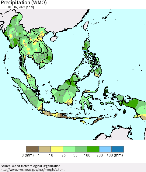South East Asia Precipitation (WMO) Thematic Map For 7/10/2023 - 7/16/2023