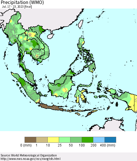 South East Asia Precipitation (WMO) Thematic Map For 7/17/2023 - 7/23/2023