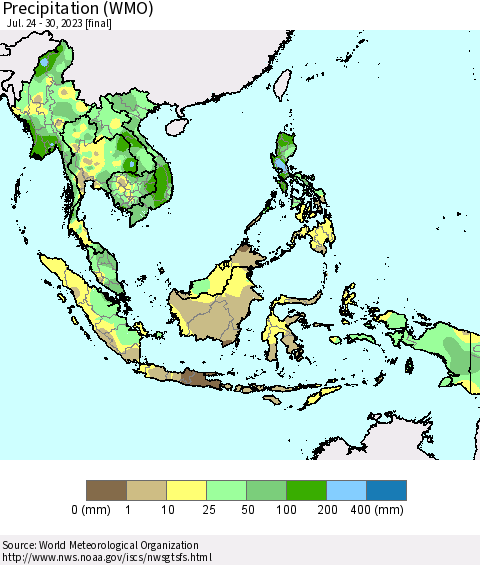 South East Asia Precipitation (WMO) Thematic Map For 7/24/2023 - 7/30/2023