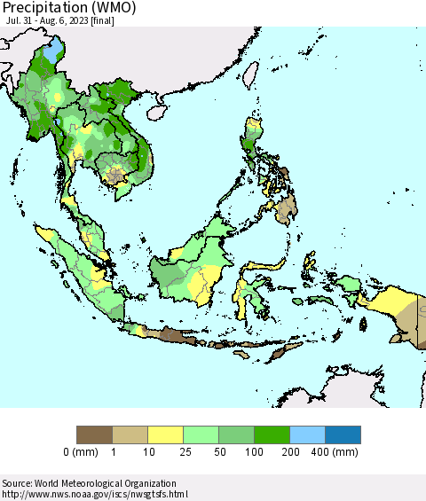 South East Asia Precipitation (WMO) Thematic Map For 7/31/2023 - 8/6/2023