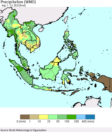 South East Asia Precipitation (WMO) Thematic Map For 8/7/2023 - 8/13/2023