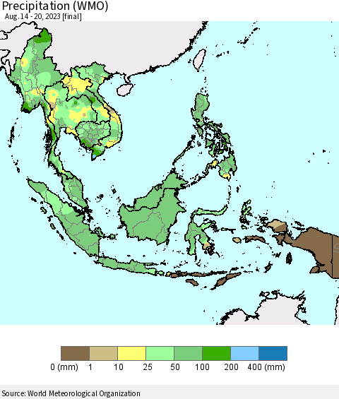 South East Asia Precipitation (WMO) Thematic Map For 8/14/2023 - 8/20/2023