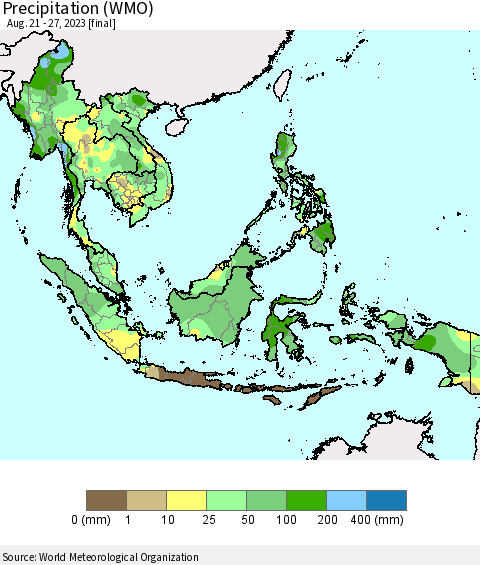 South East Asia Precipitation (WMO) Thematic Map For 8/21/2023 - 8/27/2023