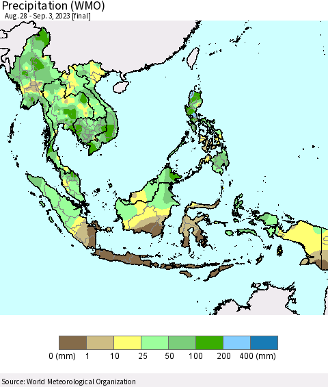 South East Asia Precipitation (WMO) Thematic Map For 8/28/2023 - 9/3/2023