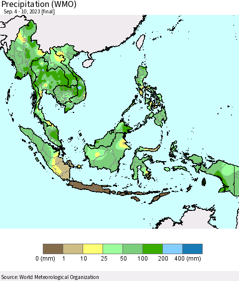 South East Asia Precipitation (WMO) Thematic Map For 9/4/2023 - 9/10/2023