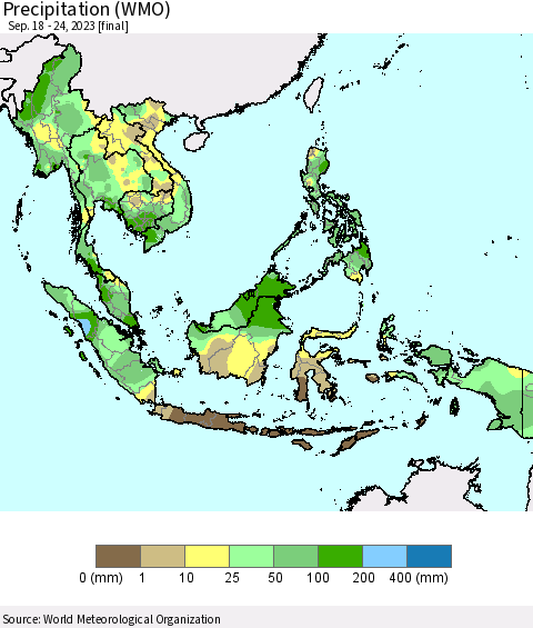 South East Asia Precipitation (WMO) Thematic Map For 9/18/2023 - 9/24/2023