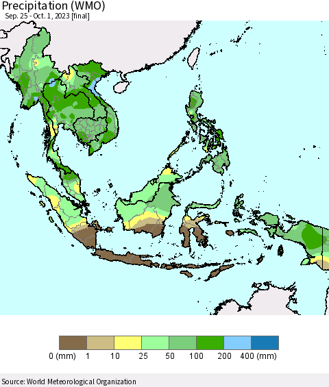 South East Asia Precipitation (WMO) Thematic Map For 9/25/2023 - 10/1/2023