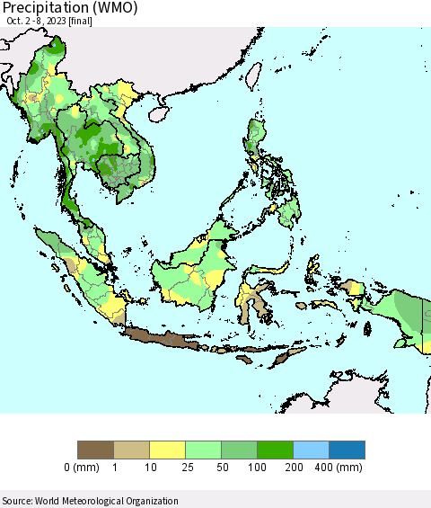 South East Asia Precipitation (WMO) Thematic Map For 10/2/2023 - 10/8/2023