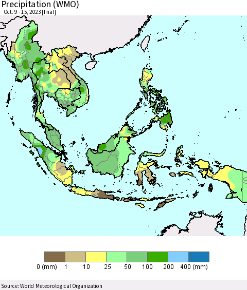 South East Asia Precipitation (WMO) Thematic Map For 10/9/2023 - 10/15/2023