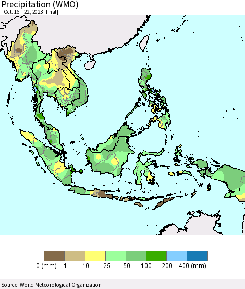 South East Asia Precipitation (WMO) Thematic Map For 10/16/2023 - 10/22/2023