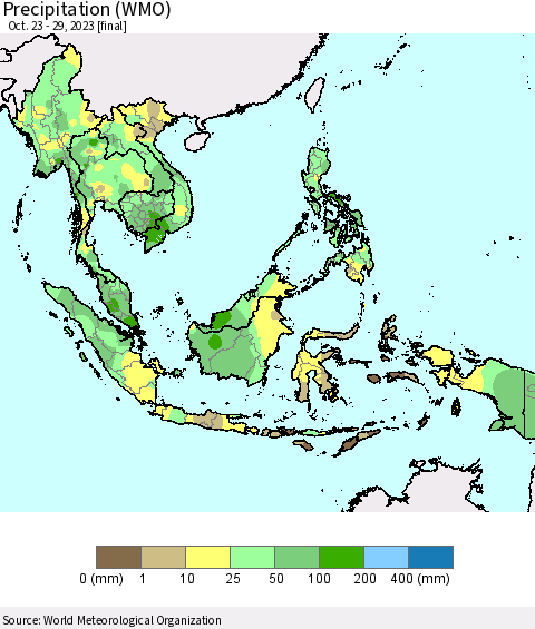 South East Asia Precipitation (WMO) Thematic Map For 10/23/2023 - 10/29/2023