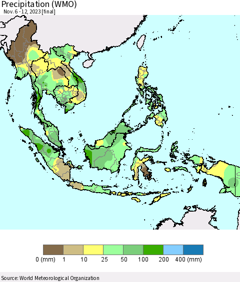 South East Asia Precipitation (WMO) Thematic Map For 11/6/2023 - 11/12/2023