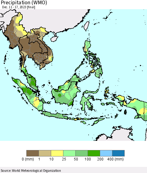 South East Asia Precipitation (WMO) Thematic Map For 12/11/2023 - 12/17/2023
