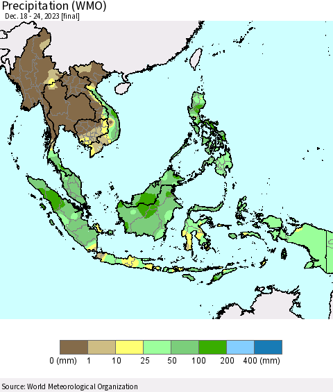 South East Asia Precipitation (WMO) Thematic Map For 12/18/2023 - 12/24/2023