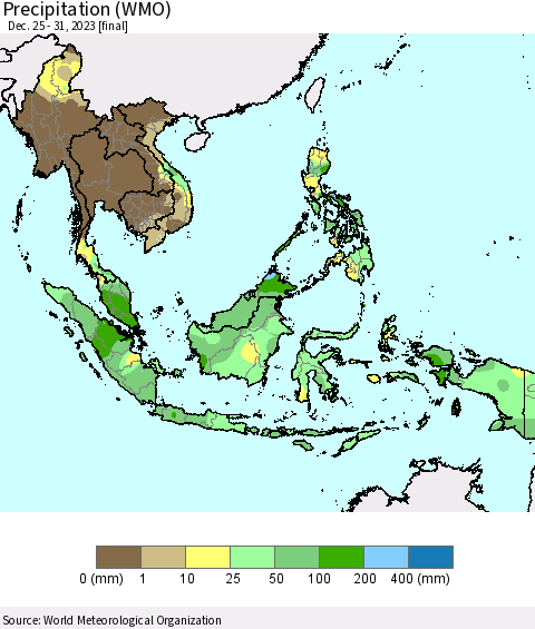 South East Asia Precipitation (WMO) Thematic Map For 12/25/2023 - 12/31/2023