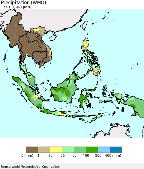 South East Asia Precipitation (WMO) Thematic Map For 1/1/2024 - 1/7/2024