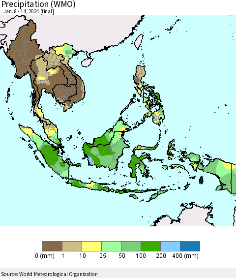 South East Asia Precipitation (WMO) Thematic Map For 1/8/2024 - 1/14/2024