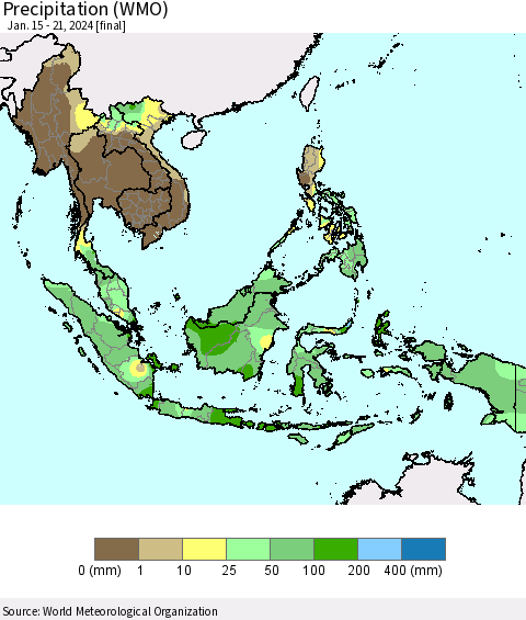 South East Asia Precipitation (WMO) Thematic Map For 1/15/2024 - 1/21/2024