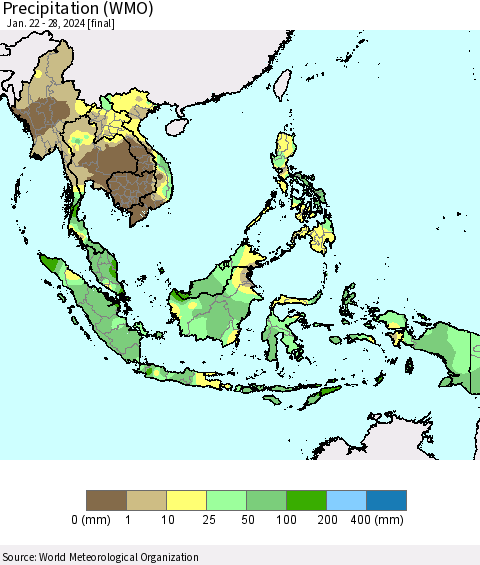 South East Asia Precipitation (WMO) Thematic Map For 1/22/2024 - 1/28/2024