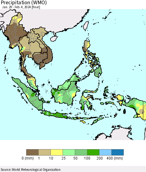 South East Asia Precipitation (WMO) Thematic Map For 1/29/2024 - 2/4/2024