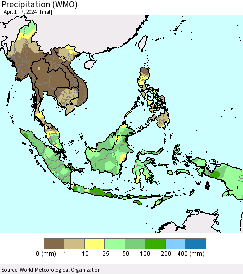 South East Asia Precipitation (WMO) Thematic Map For 4/1/2024 - 4/7/2024