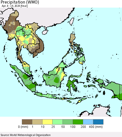 South East Asia Precipitation (WMO) Thematic Map For 4/8/2024 - 4/14/2024