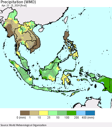 South East Asia Precipitation (WMO) Thematic Map For 4/15/2024 - 4/21/2024