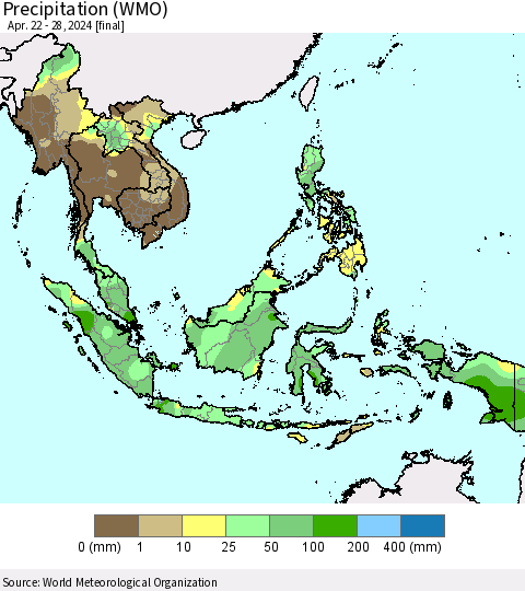 South East Asia Precipitation (WMO) Thematic Map For 4/22/2024 - 4/28/2024