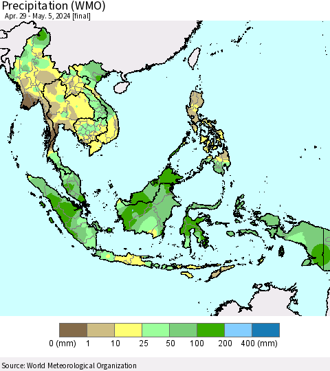 South East Asia Precipitation (WMO) Thematic Map For 4/29/2024 - 5/5/2024