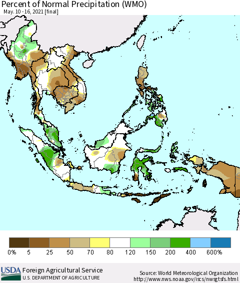 South East Asia Percent of Normal Precipitation (WMO) Thematic Map For 5/10/2021 - 5/16/2021