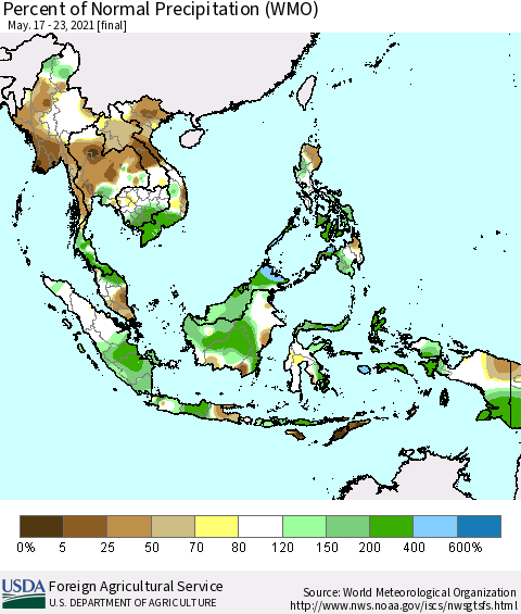 South East Asia Percent of Normal Precipitation (WMO) Thematic Map For 5/17/2021 - 5/23/2021