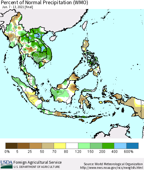 South East Asia Percent of Normal Precipitation (WMO) Thematic Map For 6/7/2021 - 6/13/2021