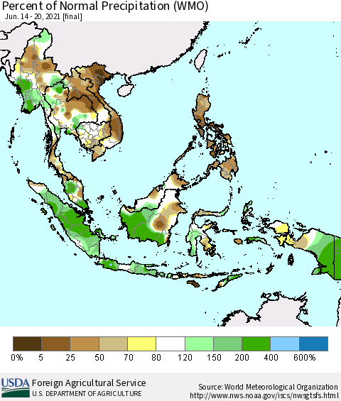 South East Asia Percent of Normal Precipitation (WMO) Thematic Map For 6/14/2021 - 6/20/2021
