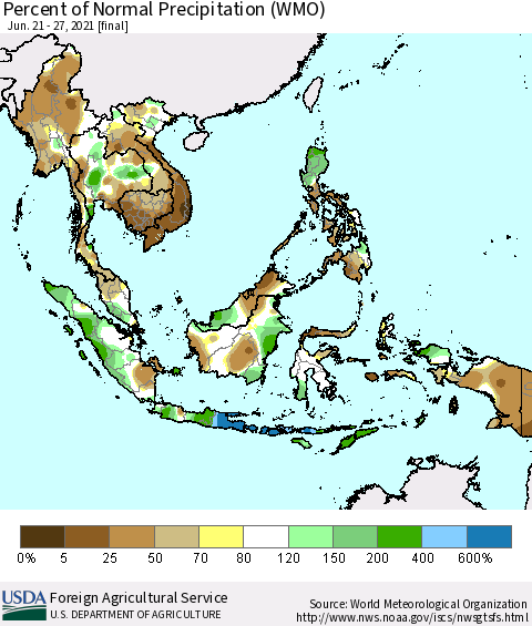 South East Asia Percent of Normal Precipitation (WMO) Thematic Map For 6/21/2021 - 6/27/2021