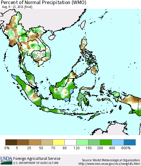 South East Asia Percent of Normal Precipitation (WMO) Thematic Map For 8/9/2021 - 8/15/2021