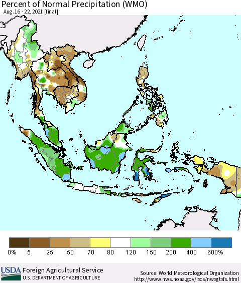 South East Asia Percent of Normal Precipitation (WMO) Thematic Map For 8/16/2021 - 8/22/2021