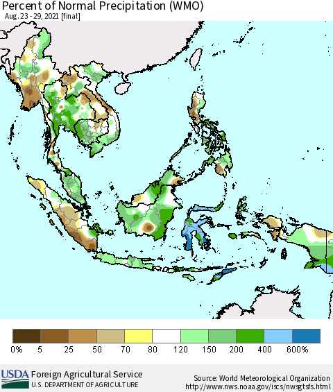 South East Asia Percent of Normal Precipitation (WMO) Thematic Map For 8/23/2021 - 8/29/2021