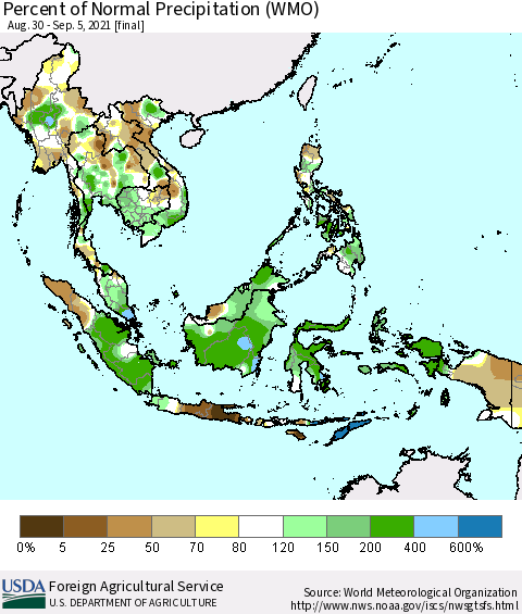 South East Asia Percent of Normal Precipitation (WMO) Thematic Map For 8/30/2021 - 9/5/2021