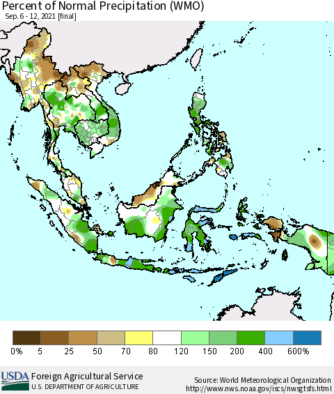 South East Asia Percent of Normal Precipitation (WMO) Thematic Map For 9/6/2021 - 9/12/2021