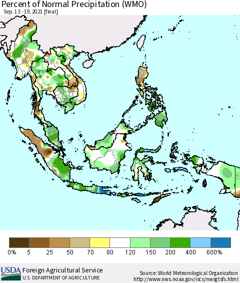 South East Asia Percent of Normal Precipitation (WMO) Thematic Map For 9/13/2021 - 9/19/2021