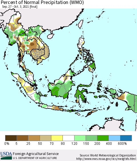 South East Asia Percent of Normal Precipitation (WMO) Thematic Map For 9/27/2021 - 10/3/2021