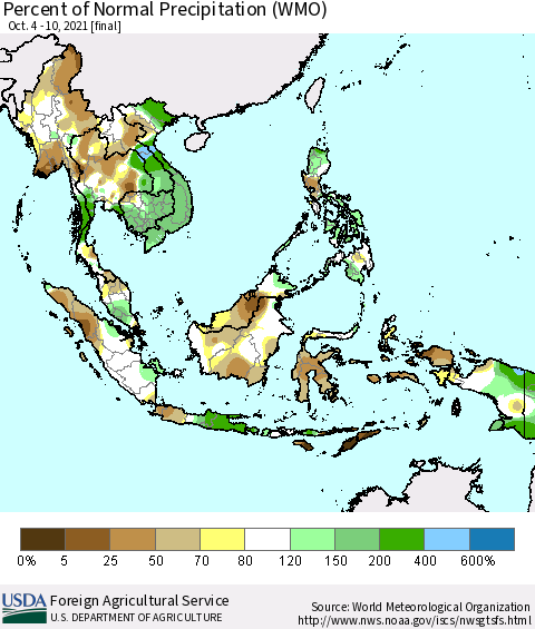 South East Asia Percent of Normal Precipitation (WMO) Thematic Map For 10/4/2021 - 10/10/2021