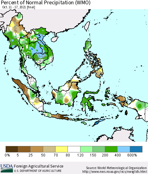 South East Asia Percent of Normal Precipitation (WMO) Thematic Map For 10/11/2021 - 10/17/2021