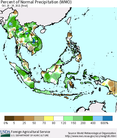 South East Asia Percent of Normal Precipitation (WMO) Thematic Map For 10/18/2021 - 10/24/2021
