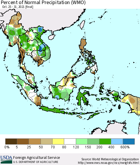 South East Asia Percent of Normal Precipitation (WMO) Thematic Map For 10/25/2021 - 10/31/2021