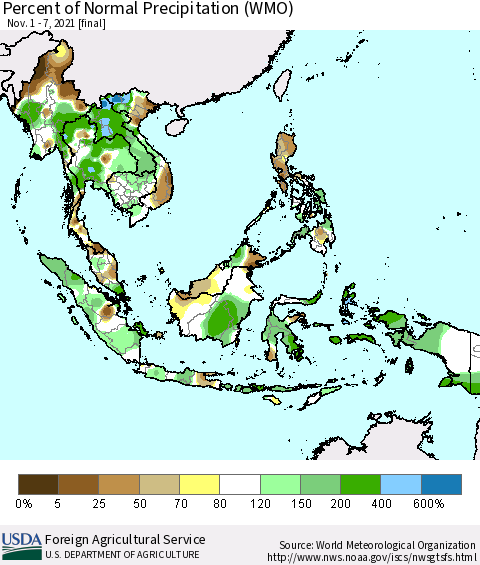 South East Asia Percent of Normal Precipitation (WMO) Thematic Map For 11/1/2021 - 11/7/2021