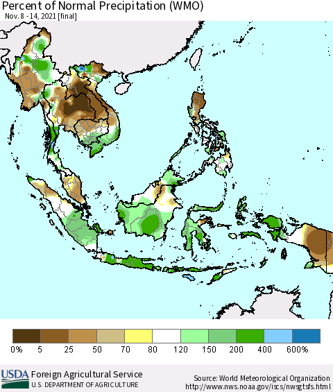 South East Asia Percent of Normal Precipitation (WMO) Thematic Map For 11/8/2021 - 11/14/2021
