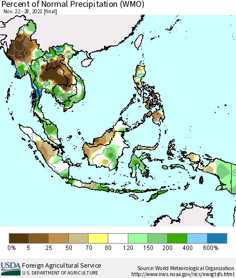 South East Asia Percent of Normal Precipitation (WMO) Thematic Map For 11/22/2021 - 11/28/2021