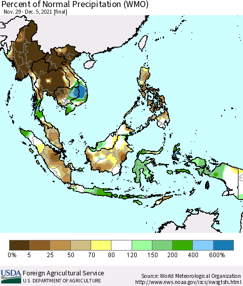 South East Asia Percent of Normal Precipitation (WMO) Thematic Map For 11/29/2021 - 12/5/2021