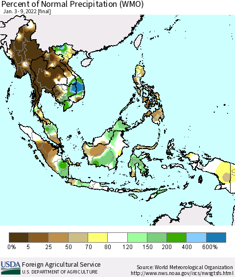 South East Asia Percent of Normal Precipitation (WMO) Thematic Map For 1/3/2022 - 1/9/2022